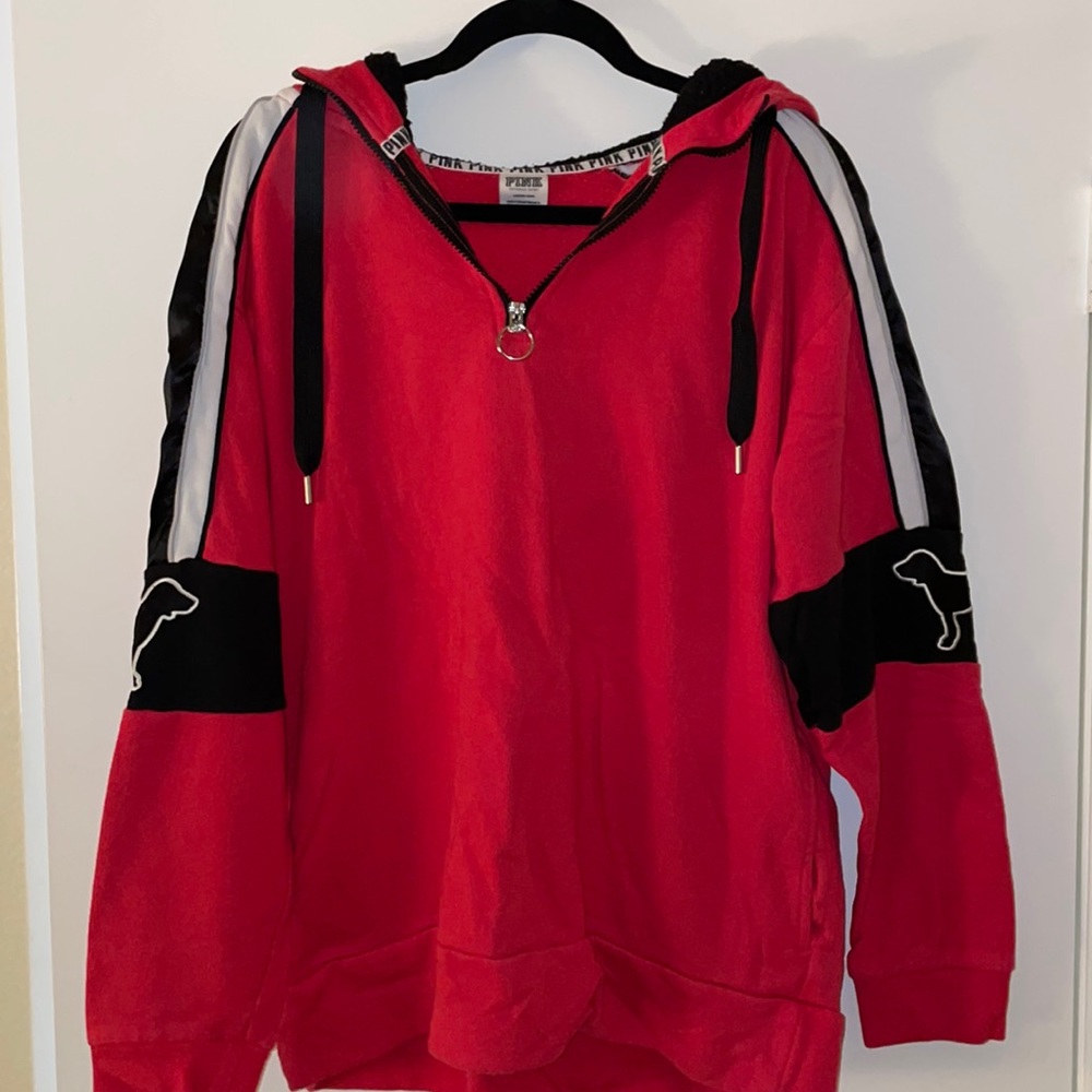 PINK pullover with zip up and fleece hood.